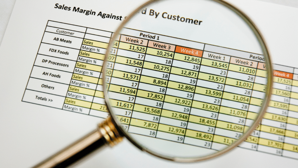 A construction project manager uses a tablet to review real-time job cost budgeting data and variance reports against project plans at a busy construction site.