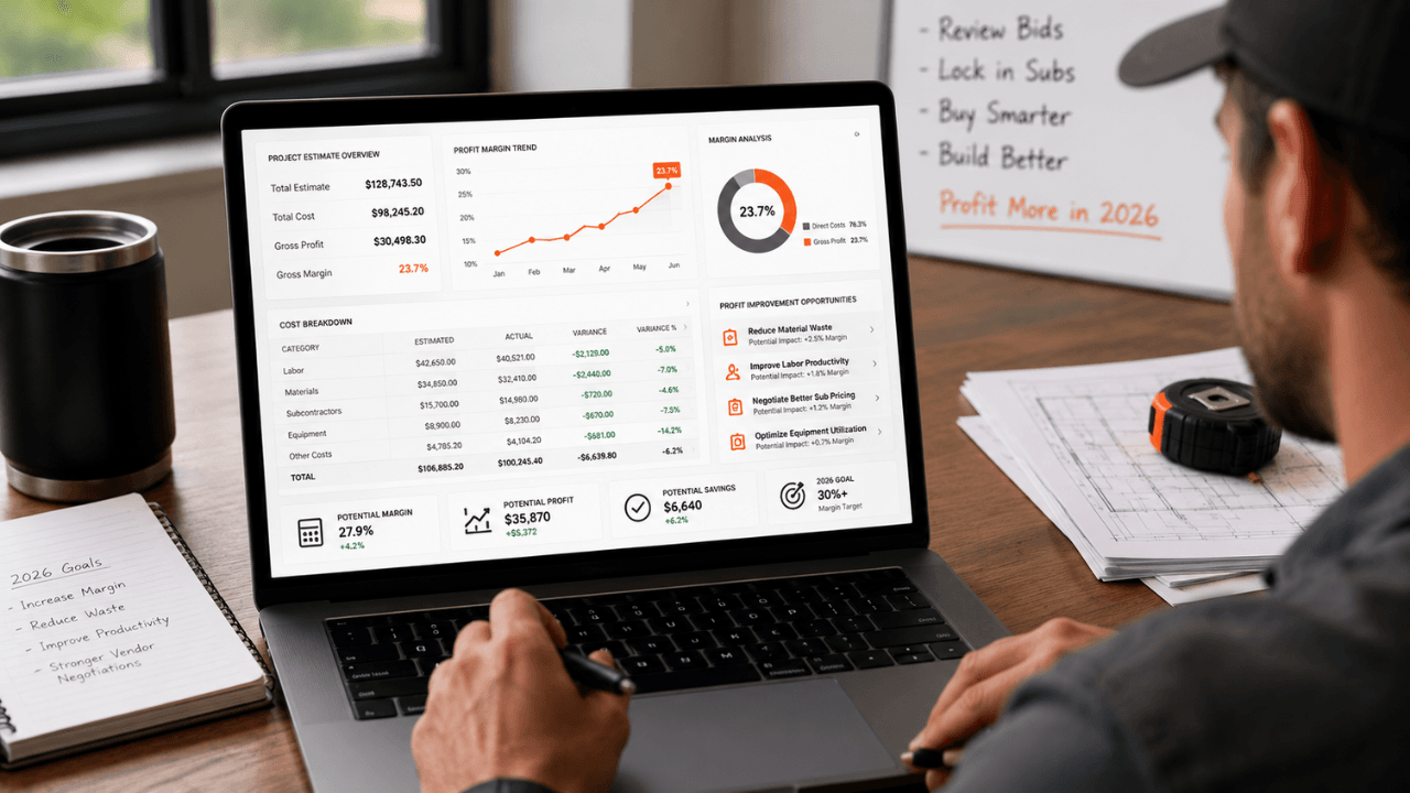Improve profit margins on construction projects in 2026 - contractor analyzing financial reports and project estimates
