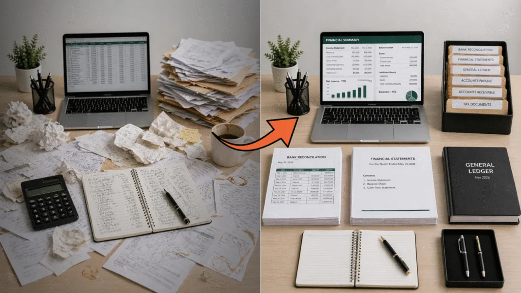 Side-by-side minimalist illustration contrasting messy construction bookkeeping, scattered papers, receipts, and tangled calculator, on the left with a clean, modern digital banking setup on the right, featuring a laptop displaying revenue growth, stacked coins, and an upward graph. 