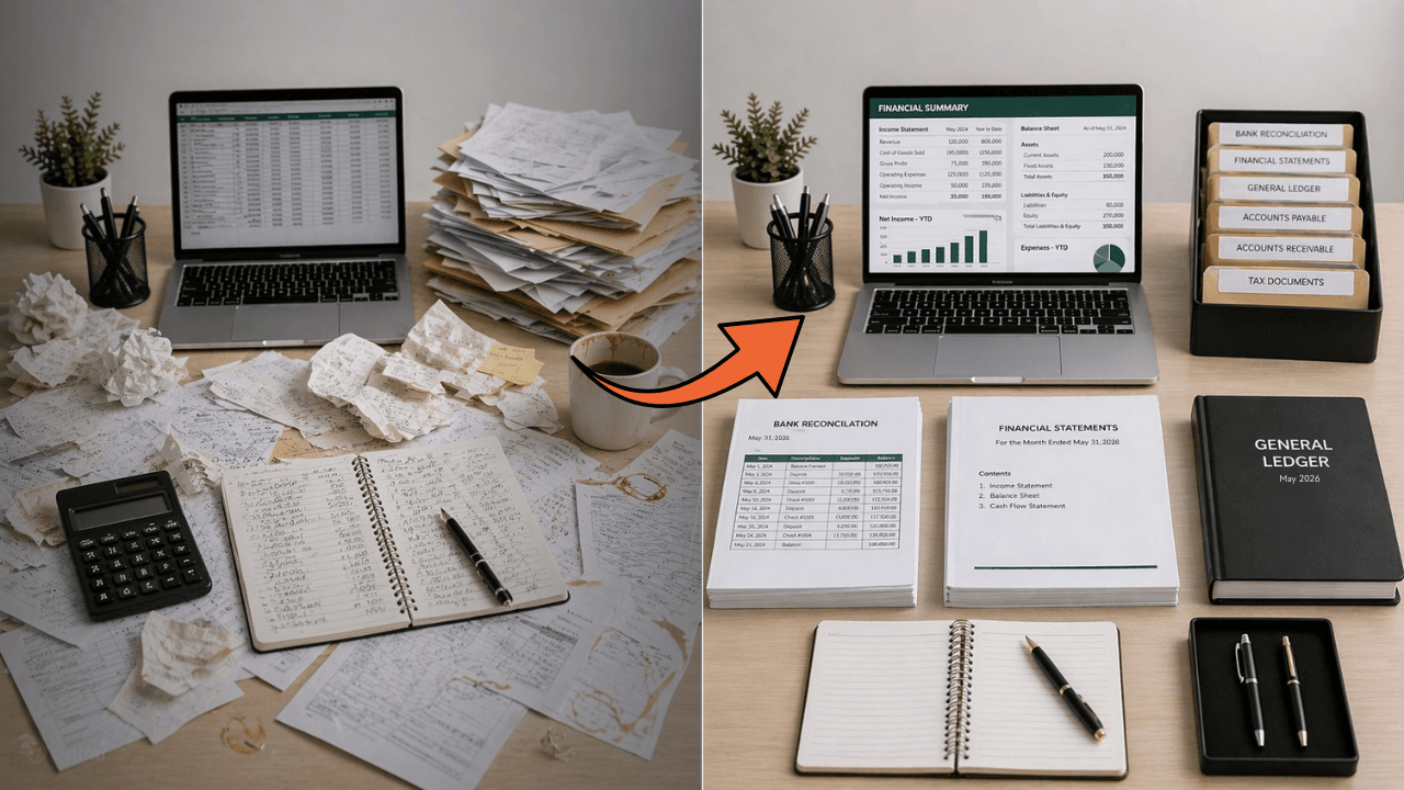 Side-by-side minimalist illustration contrasting messy construction bookkeeping, scattered papers, receipts, and tangled calculator, on the left with a clean, modern digital banking setup on the right, featuring a laptop displaying revenue growth, stacked coins, and an upward graph. 