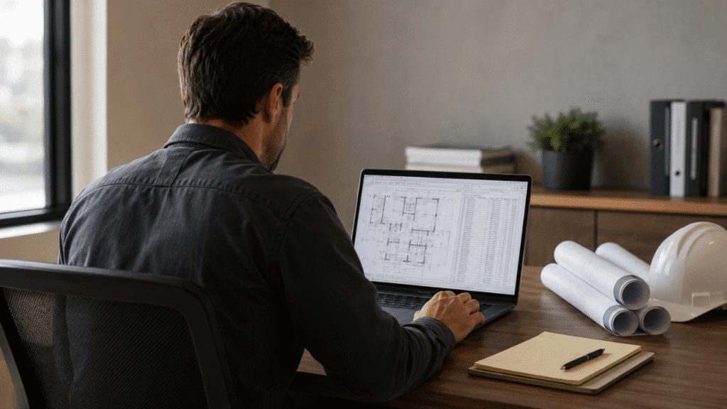 Contractor reviewing outsource construction estimating plans on laptop at a U.S. job site.