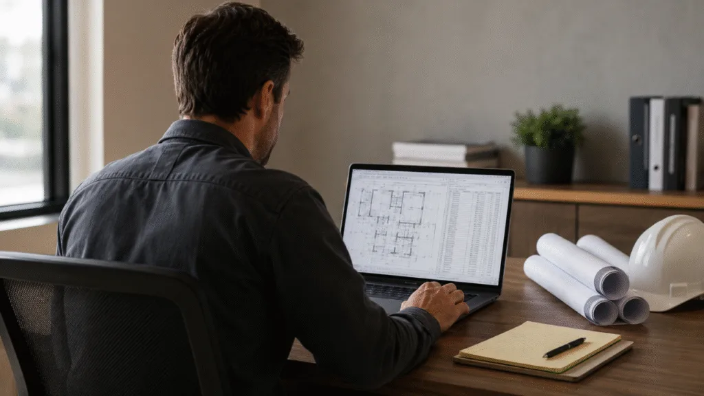 Contractor reviewing outsource construction estimating plans on laptop at a U.S. job site.
