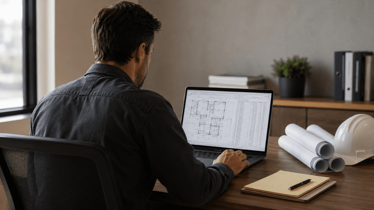 Contractor reviewing outsource construction estimating plans on laptop at a U.S. job site.