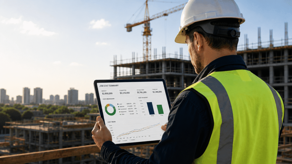 contractor reviewing construction job cost tracking reports on a tablet at a jobsite