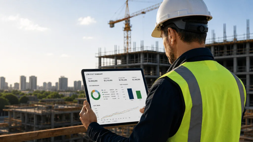 contractor reviewing construction job cost tracking reports on a tablet at a jobsite