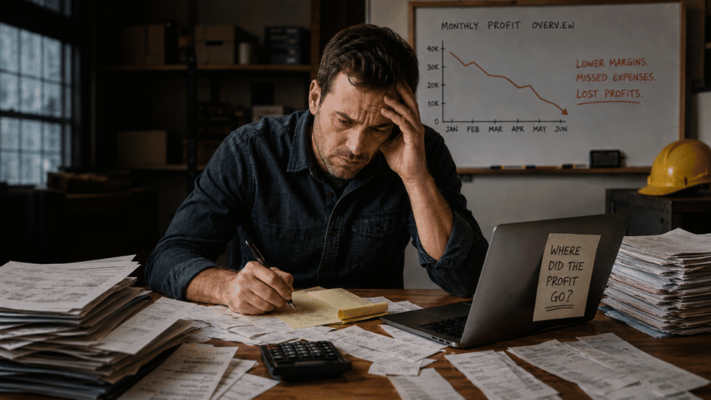 Manual bookkeeping costs for contractors-Image showing stressed contractor doing spreadsheet bookkeeping instead of revenue-generating work, representing the hidden costs and time drain of manual accounting processes