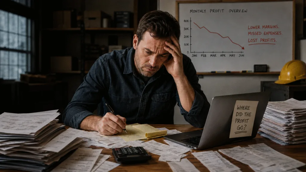 Manual bookkeeping costs for contractors-Image showing stressed contractor doing spreadsheet bookkeeping instead of revenue-generating work, representing the hidden costs and time drain of manual accounting processes