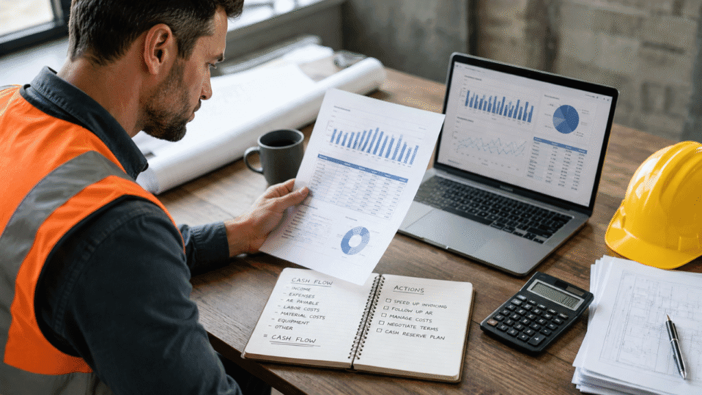 contractor reviewing financial reports to solve cash flow problems