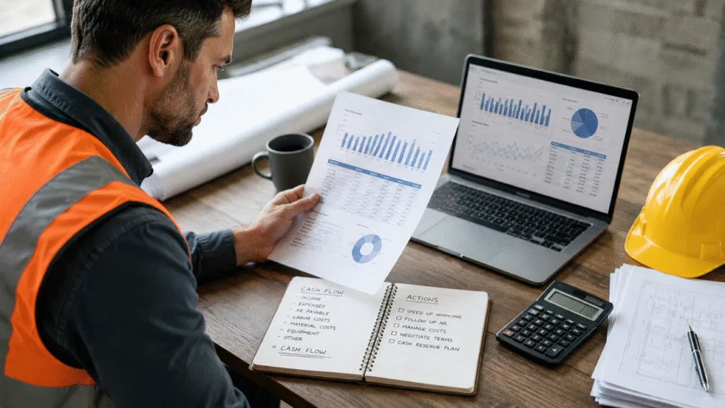 contractor reviewing financial reports to solve cash flow problems