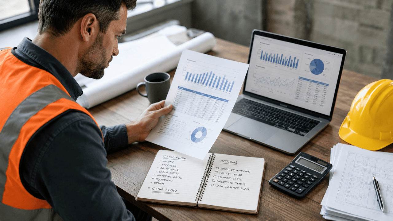 contractor reviewing financial reports to solve cash flow problems